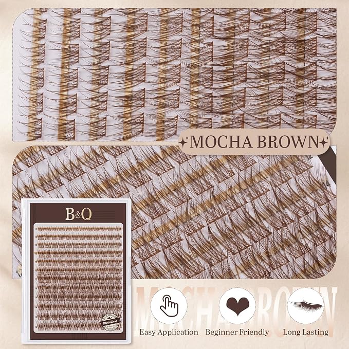 B&Q Brown Lash Clusters, Mocha C Curl Natural Look, 144 Pcs | Brown lash clusters C curl 8-16mm, soft natural look, versatile for all hair colors, DIY daily wear work wedding party travel