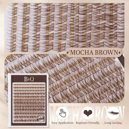 B&Q Brown Lash Clusters, Mocha C Curl Natural Look, 144 Pcs | Brown lash clusters C curl 8-16mm, soft natural look, versatile for all hair colors, DIY daily wear work wedding party travel