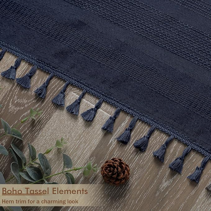 Navy Blue Boho Stall Shower Curtain, Narrow Soft Fabric Striped Linen Textured Bathroom Shower Curtain with Tassel, Modern Farmhouse Machine Washable, Bath Decor, 36Wx72L Inches