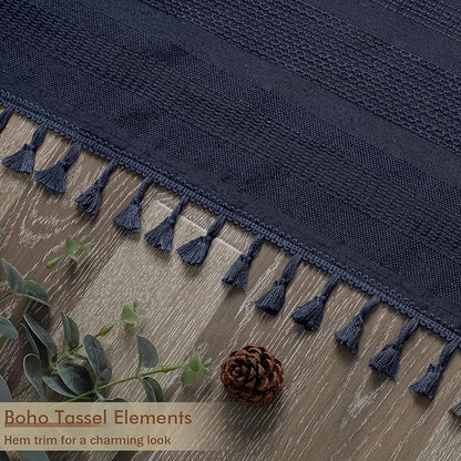 Navy Blue Shower Curtain for Bathroom, Boho Linen Textured Shower Curtain with Tassel, Rustic Striped Heavy Duty Vintage Country Bathroom Curtain, 72Wx72L Inches