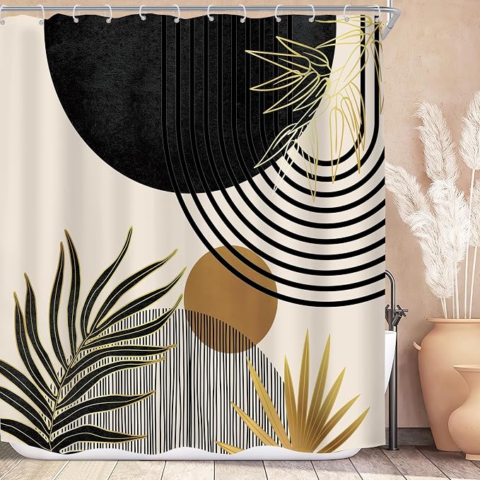 Mid Century Black Gold Boho Abstract Modern Bathroom Shower Curtain Set | 72Wx72L Green S design, waterproof HD print with fast-drying fabric and 12 hooks.