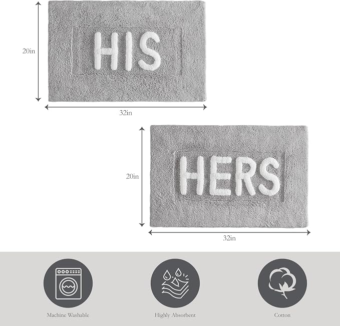Creative Home Ideas Cotton 2-Piece Bath Rug Set - Soft Cotton Bath Mat - Bathroom Decor - Water Absorbent and Machine Washable - Measures 20"x32" - "His & Hers" - Lakeside Grey