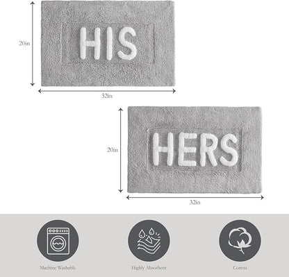 Creative Home Ideas Cotton 2-Piece Bath Rug Set - Soft Cotton Bath Mat - Bathroom Decor - Water Absorbent and Machine Washable - Measures 20"x32" - "His & Hers" - Lakeside Grey