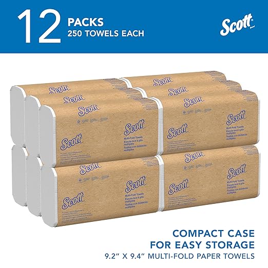 Scott Professional Universal Multifold Paper Towels, Bulk (03650), Absorbency Pockets, White, 9.2"x9.4" Towel, Compressed, Compact Case (250 Sheets/Pack, 12 Packs/Case, 3,000 Sheet Total)