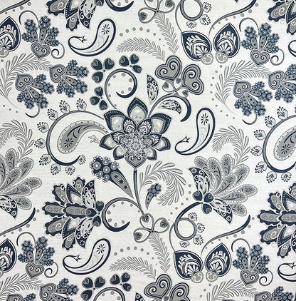 Serafina Home Hotel Quality Navy Gray Grey Fabric Bathroom Shower Curtain: Paisley Floral Leaf Damask Design on White (72 x 70 inches)