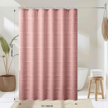 Pink Shower Curtain Boho, 72 x 78 Cotton Blend Waffle Weave Stripe Textured Heavy Duty, Fabric Shower Curtain for Bathroom, Hotel, Washable