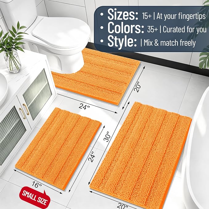 Smiry Thick Chenille Bathroom Rugs 36x24, Soft Absorbent Bath Mat, Orange | Quick‑Dry & Machine Washable, Non‑Slip Bath Carpet, Striped Bath Rugs for Tub & Shower, Modern Home Decor Accessories