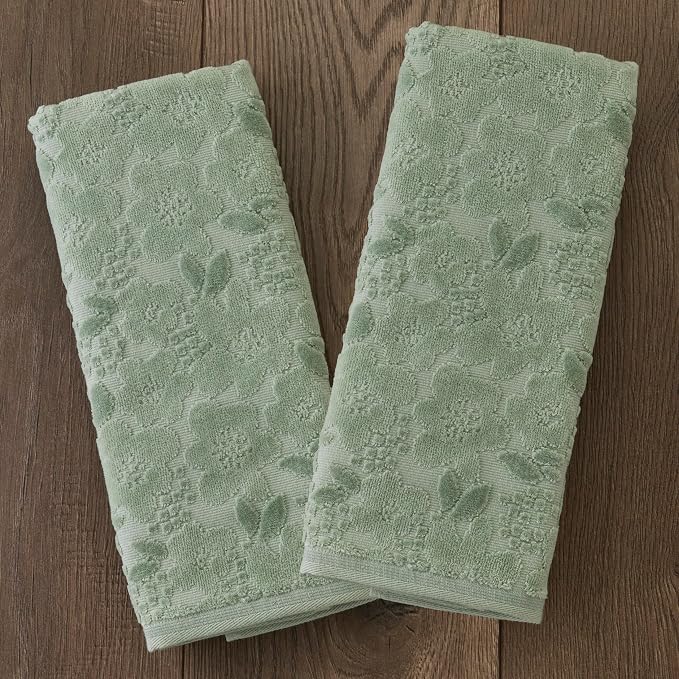 SKL Home Blossom Floral Hand Towel Set-2pc, 100% Turkish Cotton, Sage | Soft, textured jacquard. For use in the bathroom, kitchen, or bar & makes a great gift.
