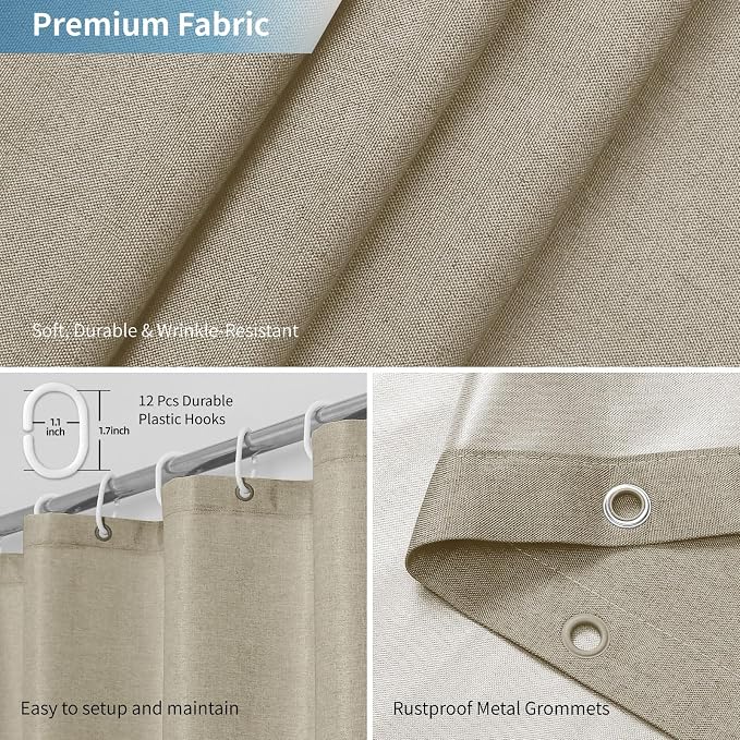 Fabric Long Shower Curtain with Waterproof Layer,72x78,Khaki | 2-in-1 Design,Linen Textured,100% Waterproof TPU-Laminated Backing,Magnetic Weighted,Machine Washable,For Bathroom,Hotel