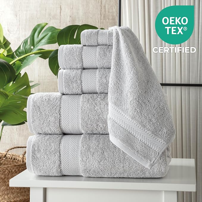 100% Turkish Cotton 6 Pcs Luxury Bath Towels, Soft & Absorbent Bathroom Towels Set (2 Bath Towel, 2 Hand Towel, 2 Washcloths)- Light Grey