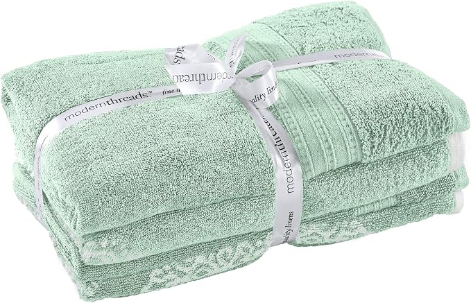 Modern Threads 6-Piece 100% Cotton Damask Medallion Towel Set, Sage | Highly Absorbent, Soft & Plush, Quick-Drying, 550 GSM, Color-Rich Yarn-Dyed Design, OEKO-TEX Certified