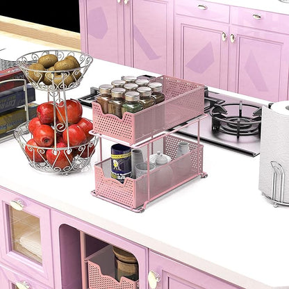 Simple Houseware 2 Tier Sliding Cabinet Basket Organizer Drawer, Pink