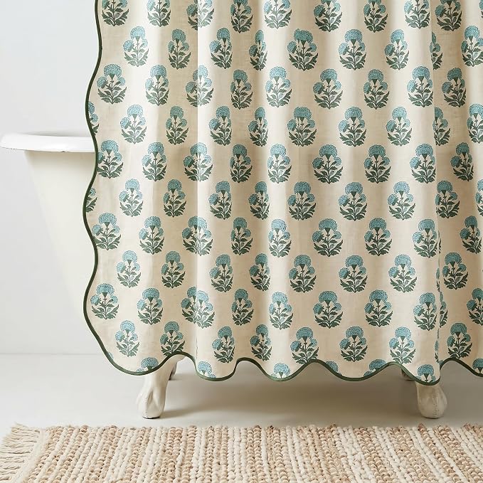 Boomkin Block Print Scalloped Shower Curtain Set with 12 Hooks | Blue and Green Shower Curtain Linen Textured Cottage Core Floral Bathroom Curtain for Vintage Farmhouse Bathroom 72 x 72 Inch