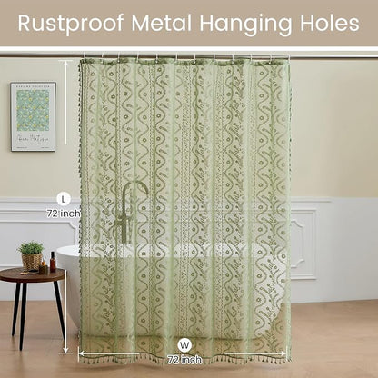 WAZZIO Sage Green Lace Shower Curtain - Vintage Pretty Floral Sheer Shower Curtains, Elegant Decorative Tassel Bath Curtains for Bathroom, 72 x 72 Inch, 1 Piece
