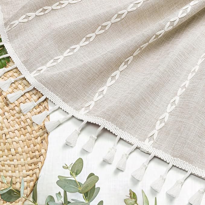 MitoVilla Boho Tassel Linen Shower Curtain,3D Embroidery Stripe Cream,72x84 | Extra Long Xl,310GSM Linen Texture Heavy Duty Cloth,Water Repellent,Wrinkle Resistant,Vintage Rustic Farmhouse Country