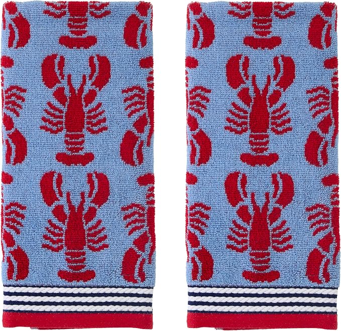 SKL Home Nautical Lobster Hand Towel Set-2pc, Reversible Jacquard, Navy | 100% Cotton. Plush & absorbent. For the bathroom, kitchen, bar or any sink space. Great for everyday & coastal/beach décor.