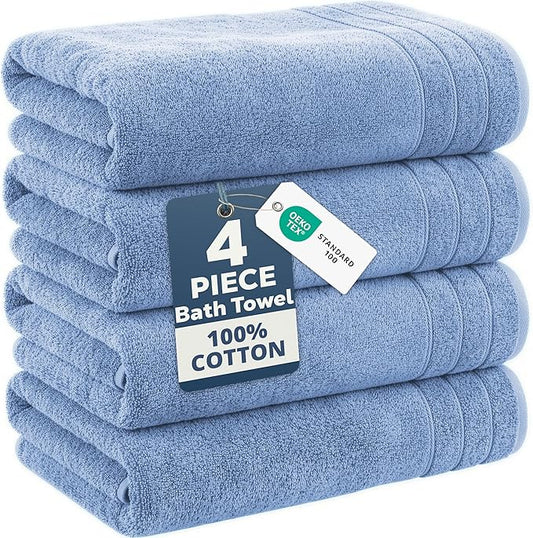 Casa Platino 100% Cotton 4 Pack Bath Towels (30"x60") - Ring Spun Mercerized Cotton Bathroom Towels Set - Quick Dry, Soft & Absorbent Large Bath Towels - Machine Wash in Cold Water - Cerulean Blue
