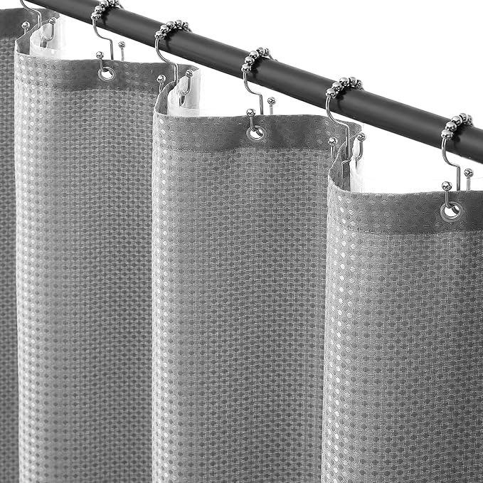 Siiluminisoy Shower Curtain and Liner Set, Waffle Shower Curtain Set with 12 Stainless Steel Hooks, Waterproof Luxury Fabric Shower Curtains for Bathroom and Hotel, Grey, 72" W x 84" H