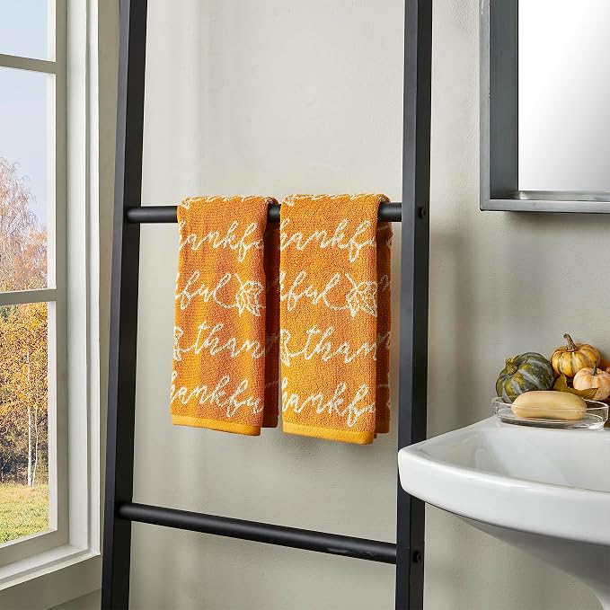 SKL Home Fall/Thanksgiving Thankful Script Hand Towel Set-2pc, Yellow | 100% Cotton. Soft & absorbent. Reversible jacquard pattern. Great for the bathroom, kitchen or bar & gifting.