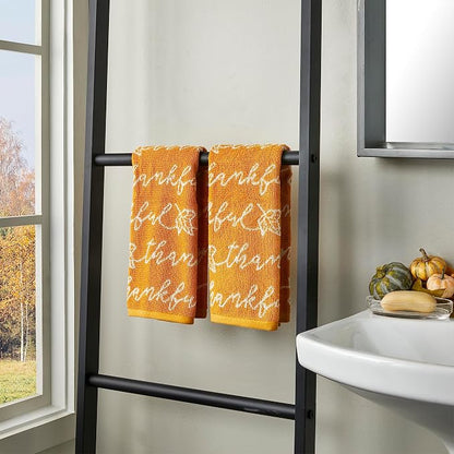 SKL Home Fall/Thanksgiving Thankful Script Hand Towel Set-2pc, Yellow | 100% Cotton. Soft & absorbent. Reversible jacquard pattern. Great for the bathroom, kitchen or bar & gifting.