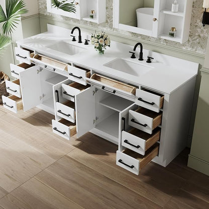 84-Inch Bathroom Vanity with Double Sinks W/ 4 Doors & 12 Drawers & 2 Flip Drawers, White Vanity W/Matte Black Handles