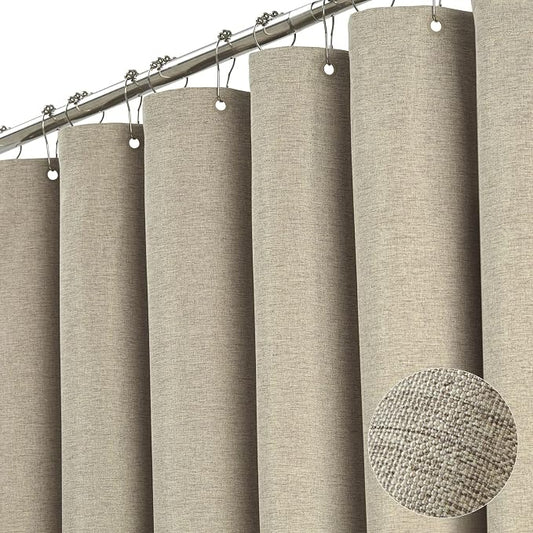 72x84 Long Linen Textured Waterproof Fabric Shower Curtain, Khaki/Tan | Heavy Duty Polyester Cloth, 12 Plastic Hooks, Elegant Drape, Modern Hotel Style, Bathroom Decor, Machine Washable, Quick-dry