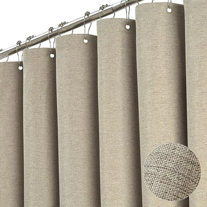 72x78 Long Linen Textured Waterproof Fabric Shower Curtain, Khaki/Tan | Heavy Duty Polyester Cloth, 12 Plastic Hooks, Elegant Drape, Modern Hotel Style, Bathroom Decor, Machine Washable, Quick-dry