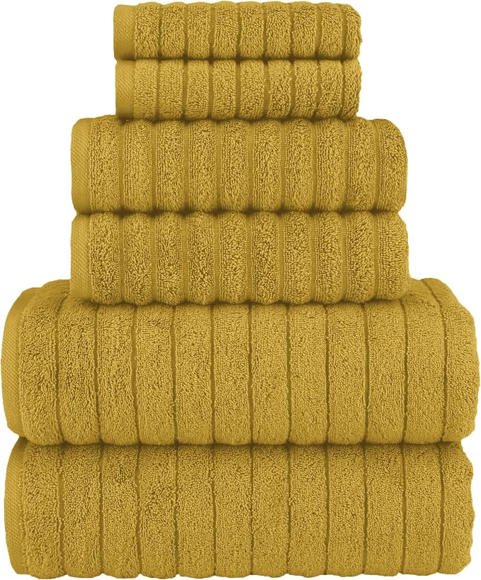 Elegant Comfort 100% Turkish Cotton Corduroy Ribbed Luxury Bath Towels 6-Piece Set, Premium Feel - Quick Dry, Highly Absorbent, Contains 2 Bath Towels, 2 Hand Towels, and 2 Washcloths, Gold