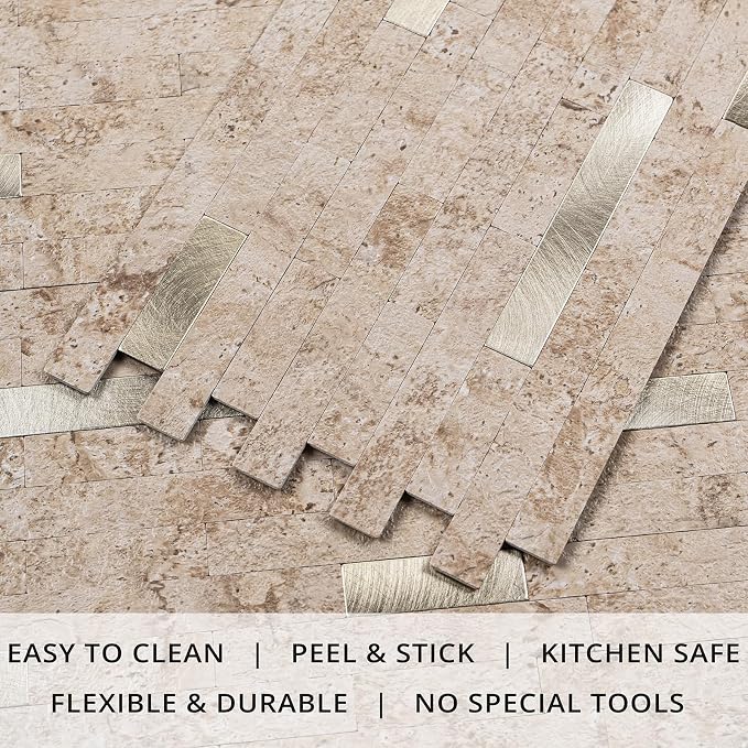 StyloVue 20 Sheets Peel and Stick Backsplash for Kitchen, 2026 Upgraded Classic Travertine Beige with Gold Metal Accents, Stick on Tile for Kitchen Backsplash, RV, Fireplace
