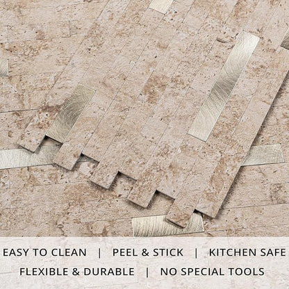 StyloVue 20 Sheets Peel and Stick Backsplash for Kitchen, 2026 Upgraded Classic Travertine Beige with Gold Metal Accents, Stick on Tile for Kitchen Backsplash, RV, Fireplace