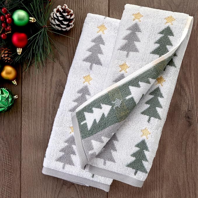 SKL Home Christmas/Winter Multi Trees Hand Towel Set-2pc, Multi | 100% Cotton. 500 GSM. Soft & absorbent. Reversible jacquard pattern. Great for the bathroom, kitchen or bar & holiday gift.
