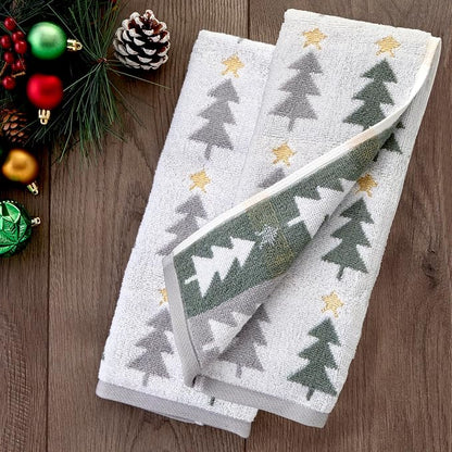 SKL Home Christmas/Winter Multi Trees Hand Towel Set-2pc, Multi | 100% Cotton. 500 GSM. Soft & absorbent. Reversible jacquard pattern. Great for the bathroom, kitchen or bar & holiday gift.