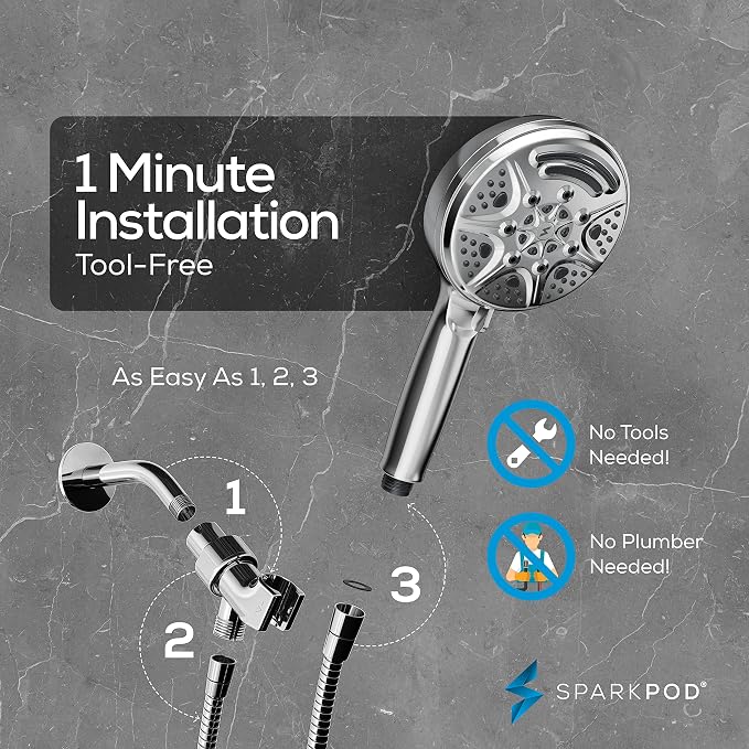 SparkPod 5 Inch 9 Spray Setting Handheld Shower Head - Water Saving Pause With On/Off Switch - Tool-Free 1-Min Install - Pulsating Rain Mode - Relaxing Rain Shower With Soothing Mist - Luxury Chrome