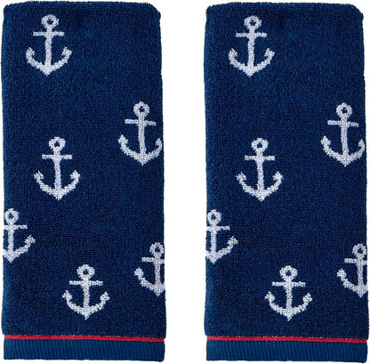 SKL Home Nautical Anchor Jacquard Hand Towel Set-2pc, 100% Cotton, Navy | Plush, absorbent & reversible. Great for everyday & coastal/beach décor in the bathroom, kitchen, bar or any sink space.