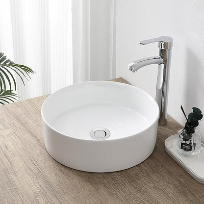 JONATHAN Y Contemporary Round Ceramic Vessel Sink, 14.25" White Bathroom Sink Above Counter, Modern Straight-Sided Porcelain Vanity Sink Bowl, Art Deco Vanity Top Basin for Lavatory and Powder Room