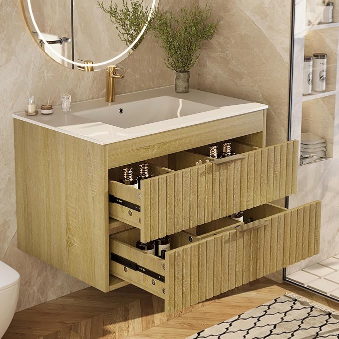 30" Bathroom Vanity with Sink, Floating Bathroom Vanity with 2 Fluted Drawers & Metal Handle, Wall Mounted Cabinets with Integrated Ceramic Sink for Apartment, Home, Wood Grain