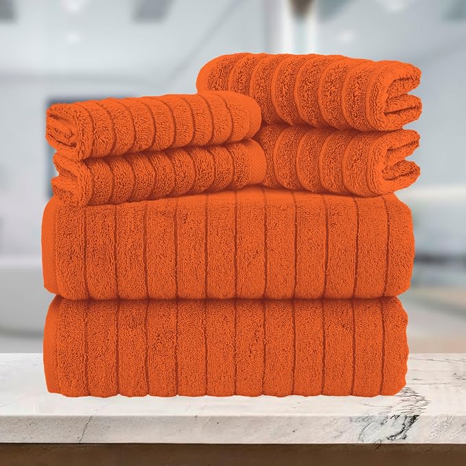Elegant Comfort 100% Turkish Cotton Corduroy Ribbed Luxury Bath Towels 6-Piece Set, Premium Feel - Quick Dry, Highly Absorbent, Contains 2 Bath Towels, 2 Hand Towels, and 2 Washcloths, Orange