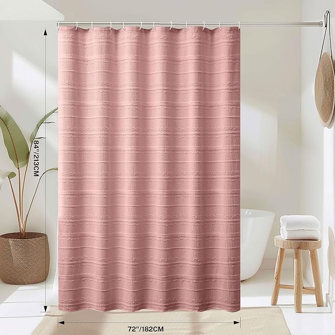 Pink Shower Curtain Boho, 72 x 84 Cotton Blend Waffle Weave Stripe Textured Heavy Duty, Fabric Shower Curtain for Bathroom, Hotel, Washable