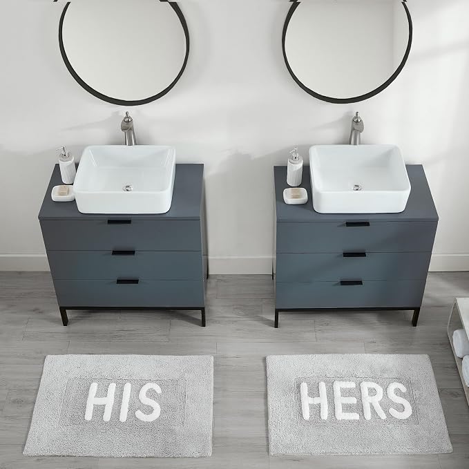 Creative Home Ideas Cotton 2-Piece Bath Rug Set - Soft Cotton Bath Mat - Bathroom Decor - Water Absorbent and Machine Washable - Measures 20"x32" - "His & Hers" - Lakeside Grey
