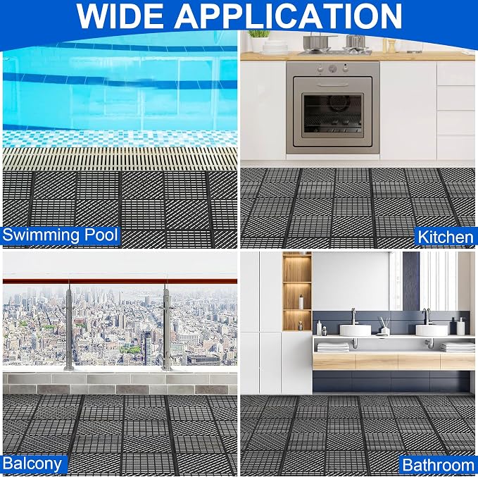 Modular Interlocking Cushion 12 Pack 11.8" x 11.8" Rubber Floor Tiles Non-Slip Splicing Drainage Mats for Deck, Pool, Shower, Patio, Balcony, Bathroom, Kitchen, Yard (2 Rows Dots, Black)