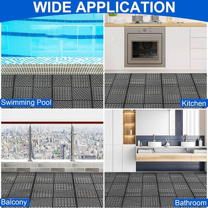 Modular Interlocking Cushion 12 Pack 11.8" x 11.8" Rubber Floor Tiles Non-Slip Splicing Drainage Mats for Deck, Pool, Shower, Patio, Balcony, Bathroom, Kitchen, Yard (2 Rows Dots, Black)