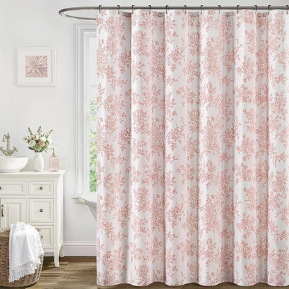 Spring Pink Floral Shower Curtain W72*L72 Inches Long | Linen Textured Fabric, 12 Rustproof Metal Hooks, Wrinkle Resistant Cloth, Machine Washable, Bathroom Decor for Cottage Core
