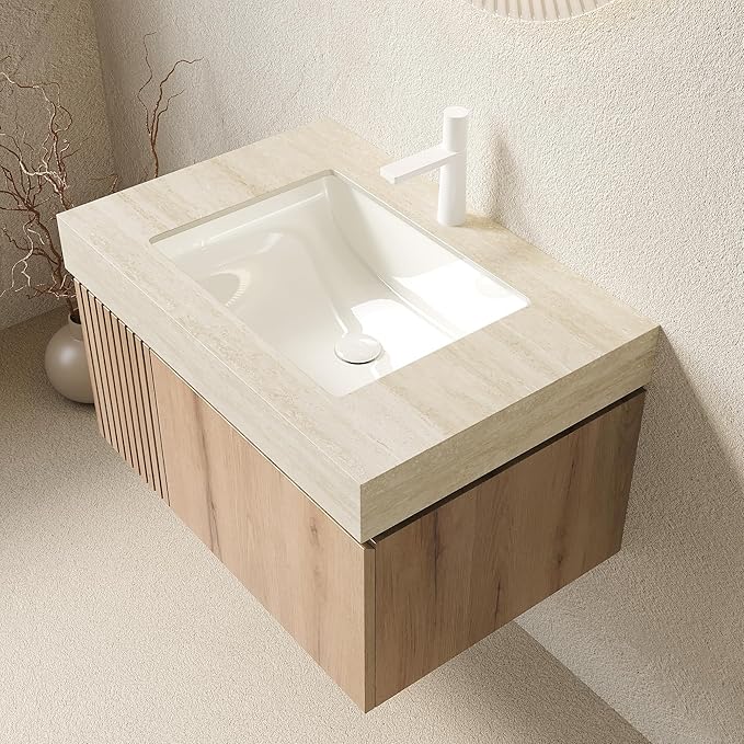 KEIKI 30 Inch Floating Bathroom Vanity with Sink, Modern Wall Mounted Storage Cabinet with Drawer, Pre-assembled Waterproof Wood Panels, Sintered Stone Top & Ceramic Basin Combo Set, White Oak & Beige