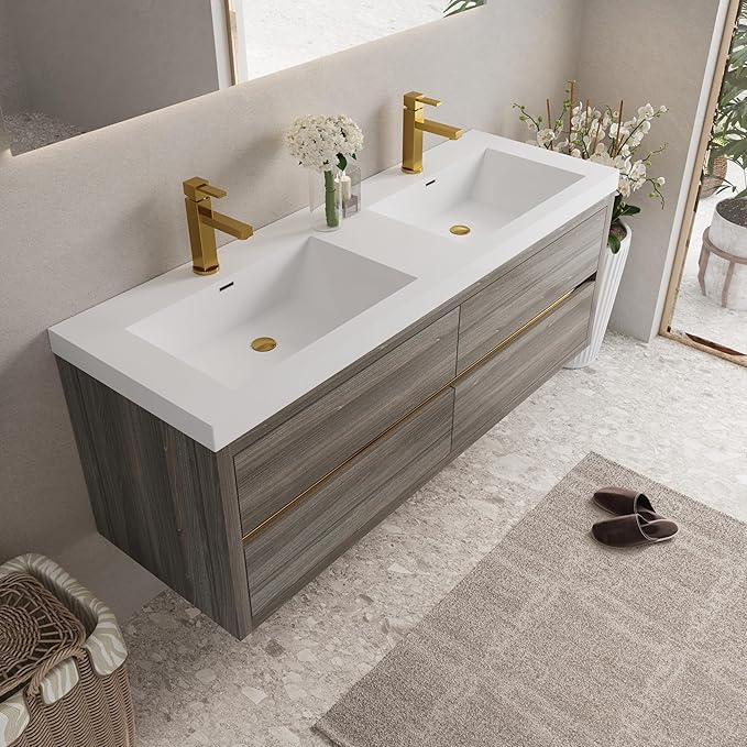 60" Wall-Mounted Bathroom Vanity, Double Sink Floating Cabinet with Stone Resin Countertop & Soft-Close Drawers, Modern Floating Storage Solution,Ash Grey