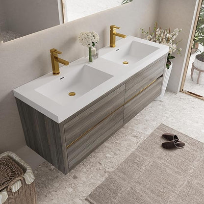 60" Wall-Mounted Bathroom Vanity, Double Sink Floating Cabinet with Stone Resin Countertop & Soft-Close Drawers, Modern Floating Storage Solution,Ash Grey