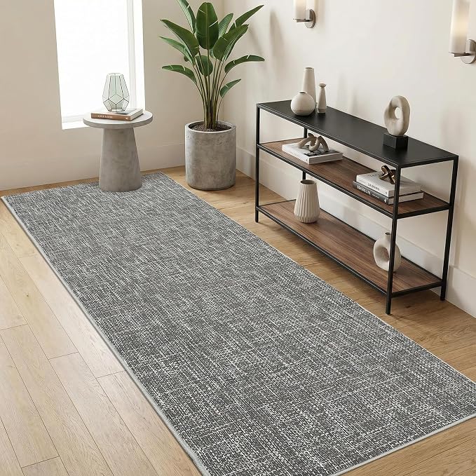 Garvee Indoor Rugs for Entryway 2x6 Solid Color Kitchen Runner Rug, Grey | Washable Modern Textured Non Slip Stain Resistant Non Shedding Low Pile Neutral Soft Rug for Bedroom Hallway Bathroom