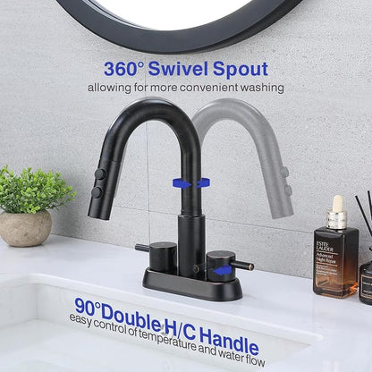 Bathroom Faucet with Sprayer, Oil Rubbed Bronze 2 Handles with Pop-Up Drain | Kablle 3 Holes Pull Out 4 inch Centerset Laundry Bar Basin Pull Out Faucet with Pop-Up Drain, KBL-MP-6002ORB-CL