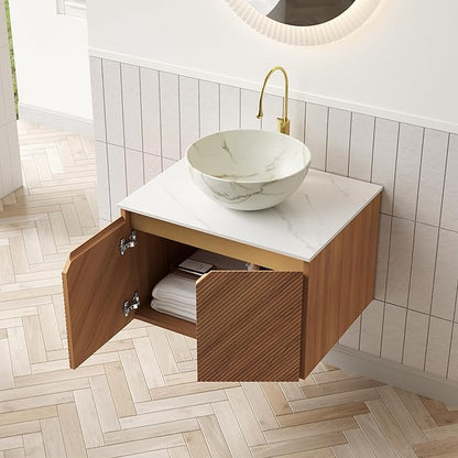 24 Inch Bathroom Vanity with Sink, Floating Fluted Vanity with Vessel Sink, Modern Wall Mounted Bathroom Vanity Cabinet with 2 Doors, Bowl Ceramic Sink & Sintered Stone Top, Oak