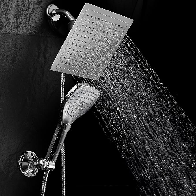Dream Spa Ultra-Luxury 9" Rainfall Shower Head/Handheld Combo. Convenient Push-Button Flow Control Button for easy one-handed operation. Switch flow settings with the same hand! Premium Chrome | Enjoy Extra-wide Flow Coverage and Convenient Push-button...