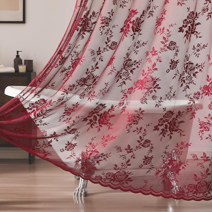 Burgundy Lace Shower Curtain for Bathroom Vintage Maroon Floral Shower Curtain with Attached Valance, Decorative Romantic Victorian Lace Bath Curtains Luxury Wine Bathroom Decor, 36 x 72 Inch, 1 Panel